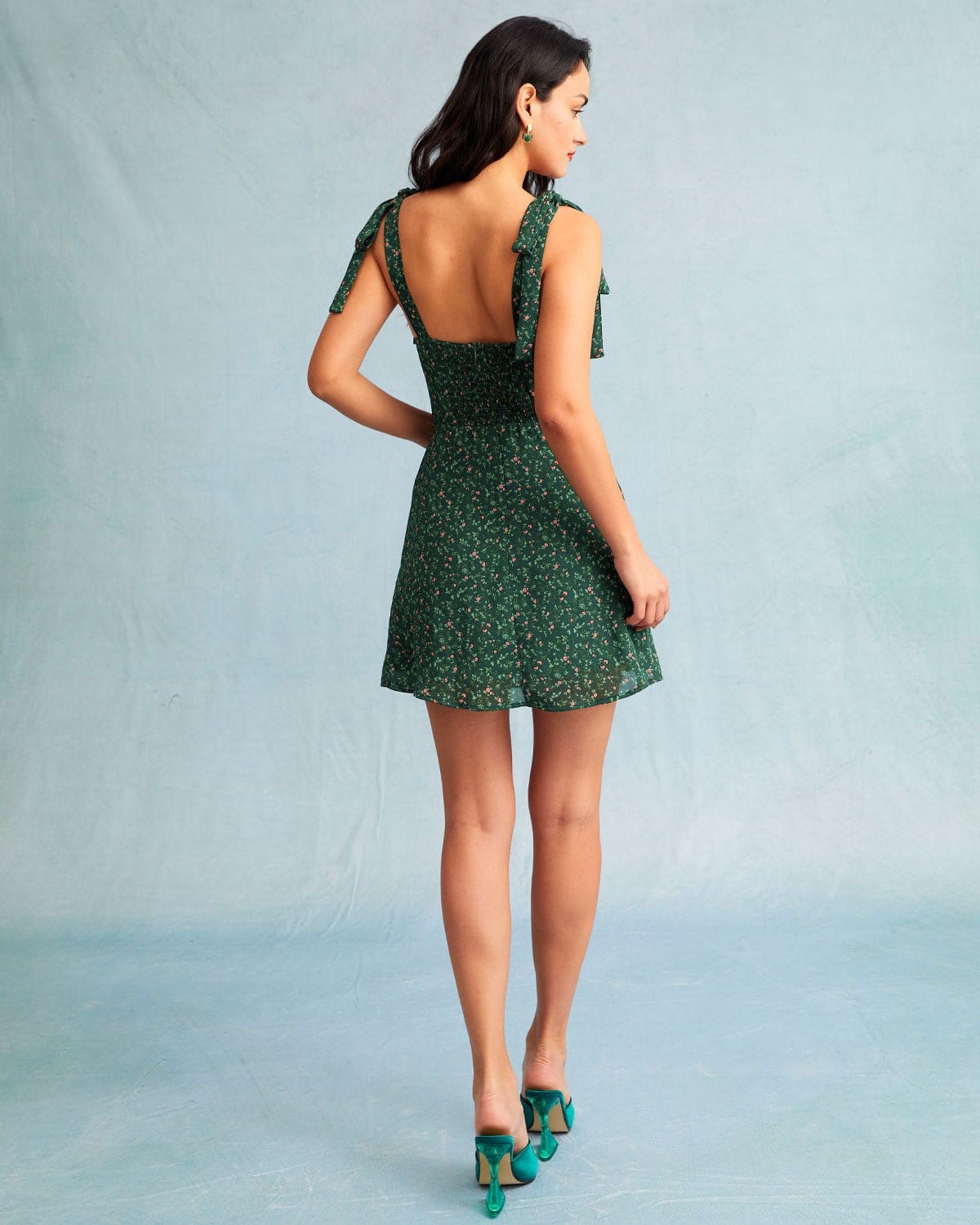 Katarina | Damen Floral-Minikleid mit Herz-Ausschnitt – Grün