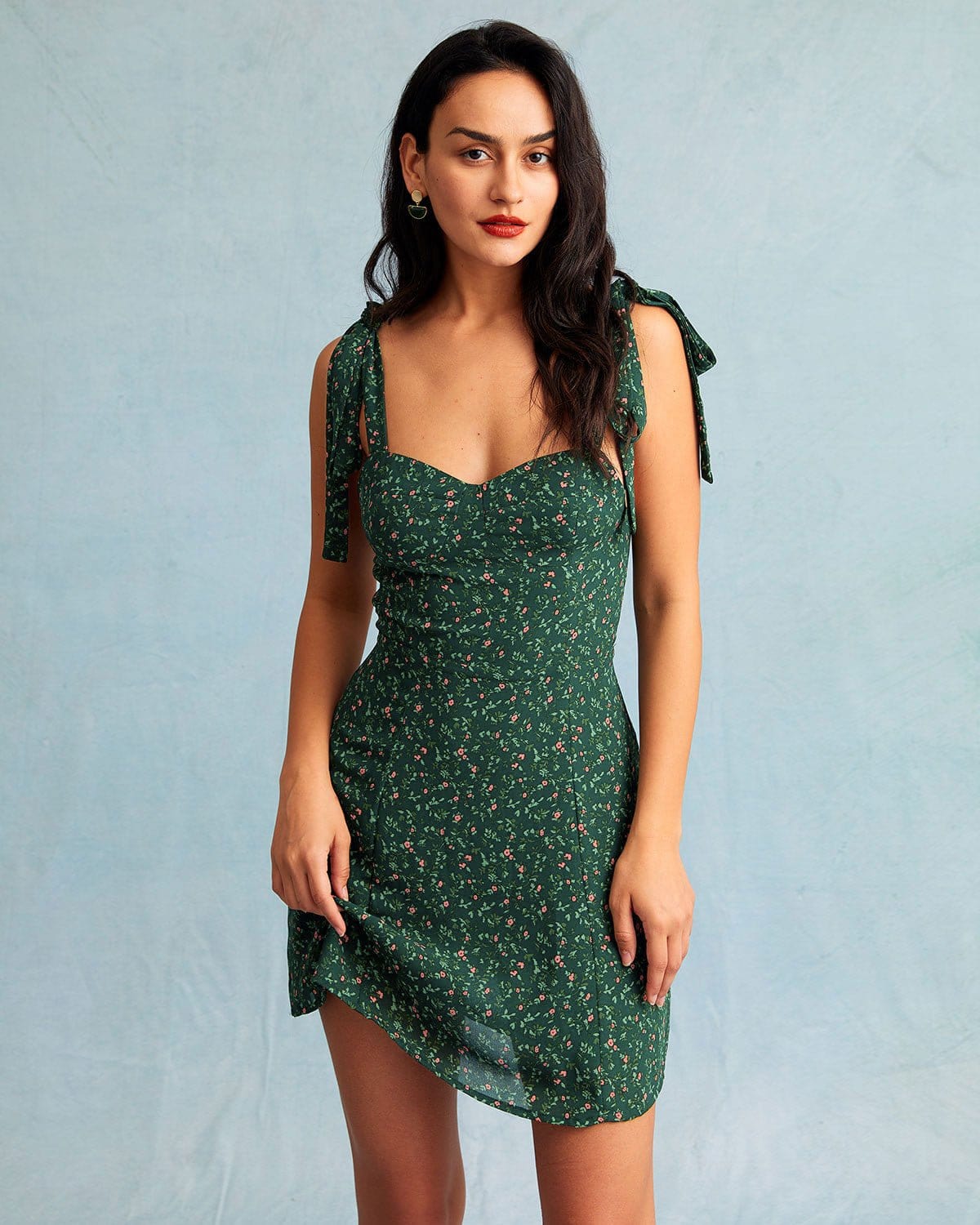 Katarina | Damen Floral-Minikleid mit Herz-Ausschnitt – Grün
