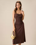 Kiara | Damen Strick-Midikleid mit Raffung – Mokkabraun