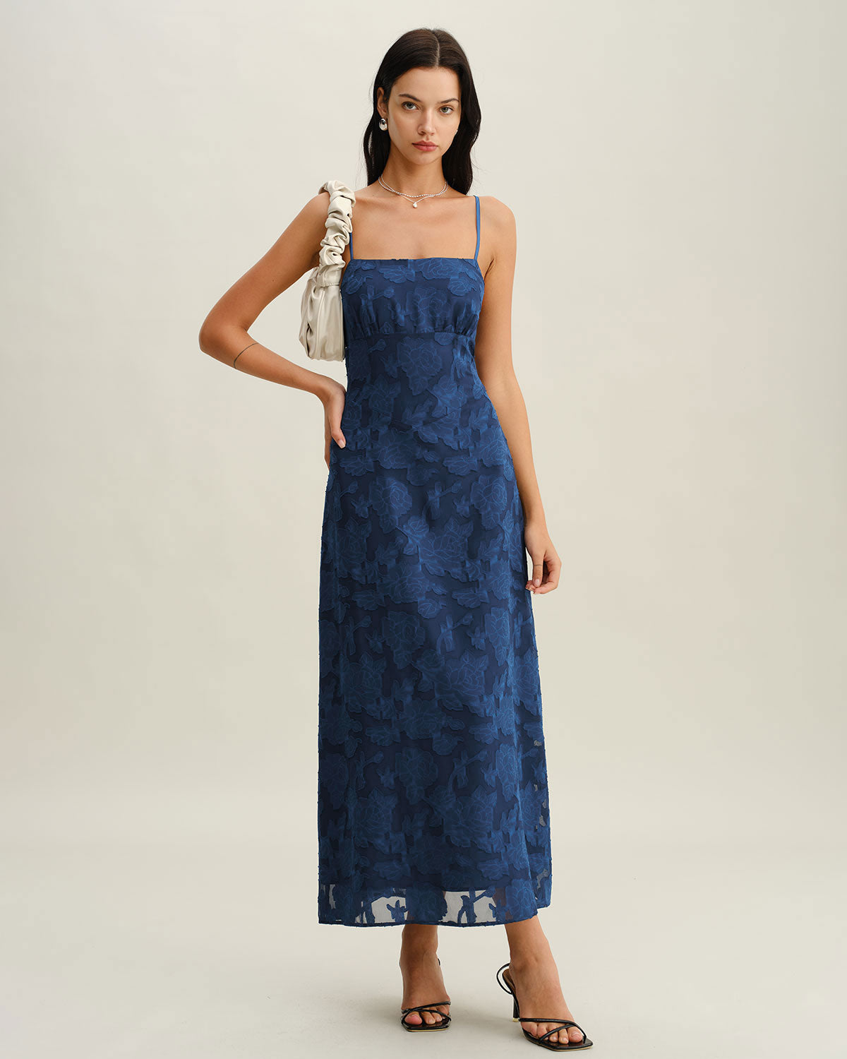 Annabelle | Damen Jacquard-Maxikleid rückenfrei – Dunkelblau