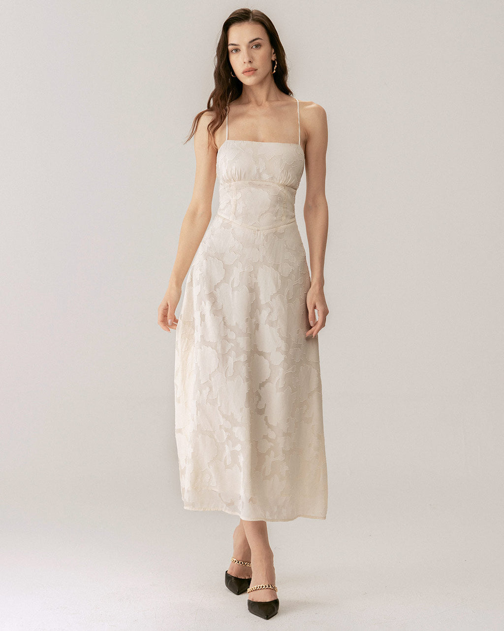 Gabrielle | Damen Jacquard-Maxikleid mit Corsage – Apricot