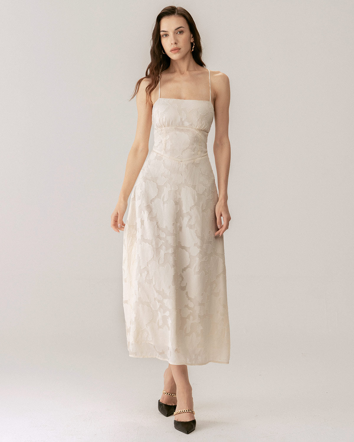 Gabrielle | Damen Jacquard-Maxikleid mit Corsage – Apricot