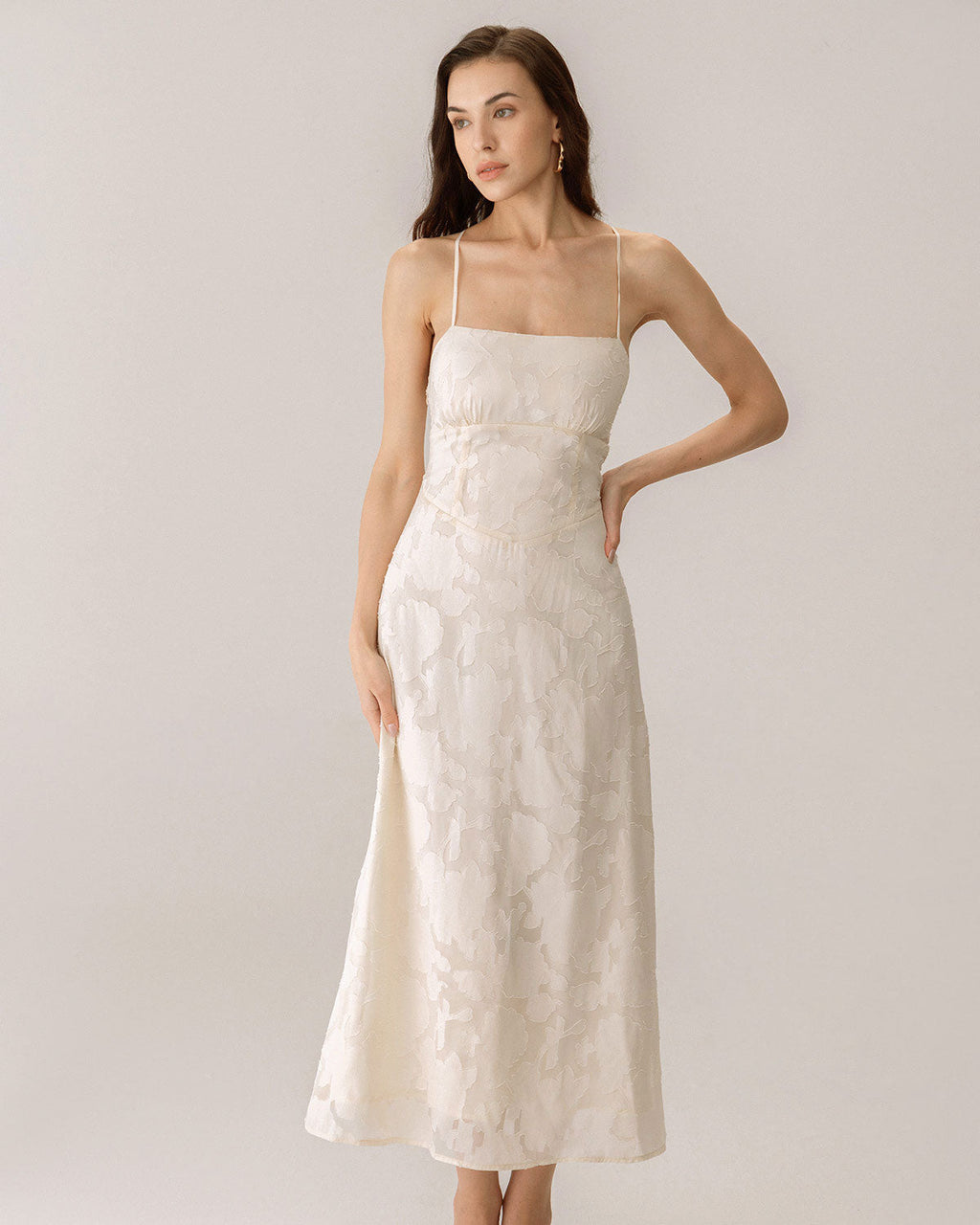Gabrielle | Damen Jacquard-Maxikleid mit Corsage – Apricot
