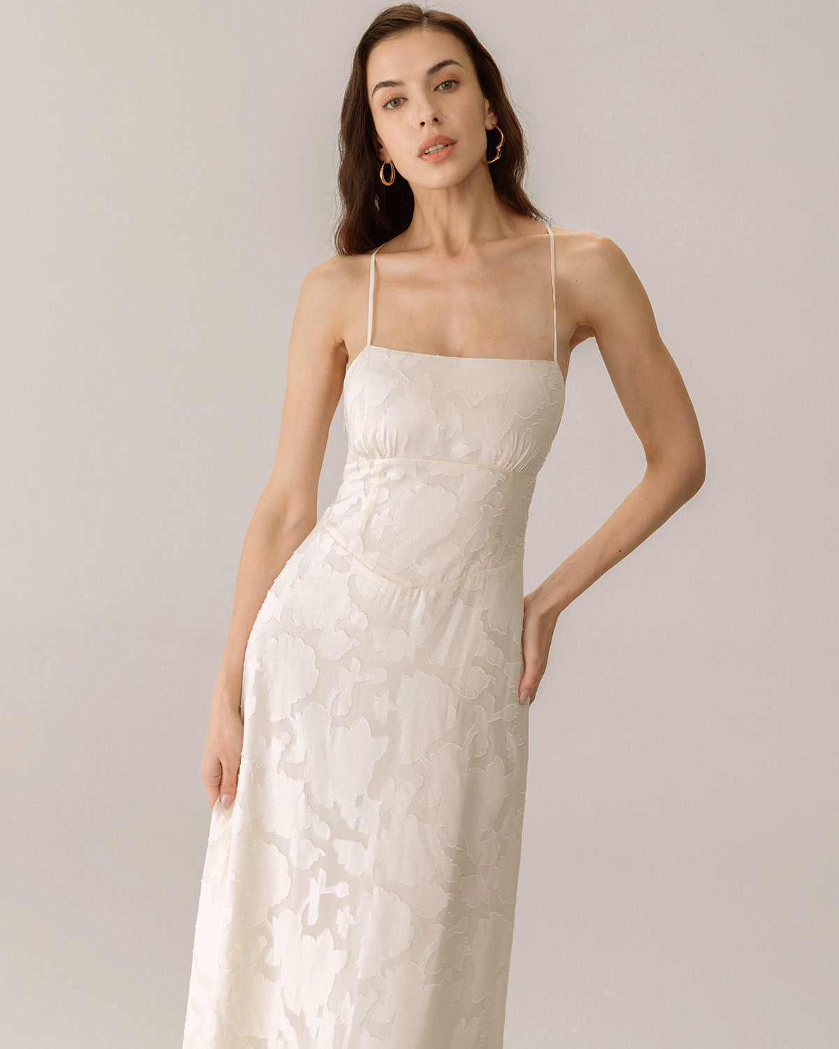 Gabrielle | Damen Jacquard-Maxikleid mit Corsage – Apricot