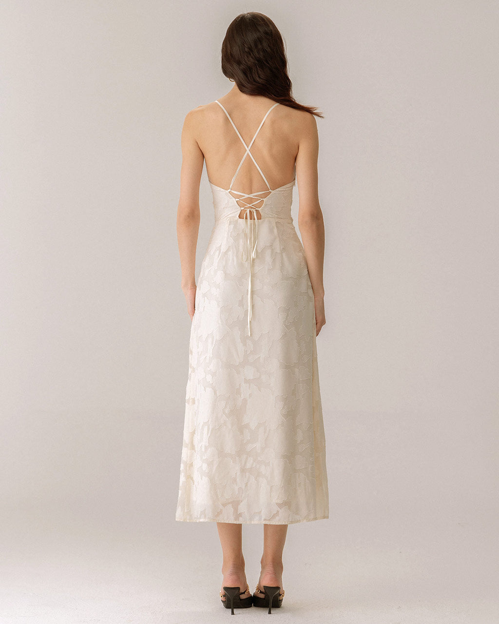 Gabrielle | Damen Jacquard-Maxikleid mit Corsage – Apricot