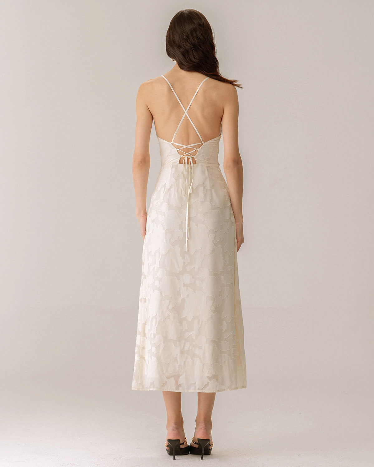 Gabrielle | Damen Jacquard-Maxikleid mit Corsage – Apricot