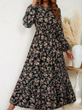 Flora | Damen Maxikleid Langarm Blumenmuster A-Linie Boho Herbstkleid