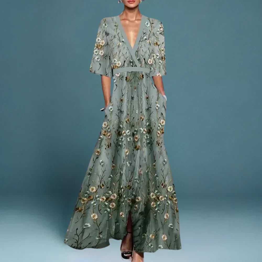 Greta | Damen Maxi-Kleid V-Ausschnitt Blumenmuster festlich