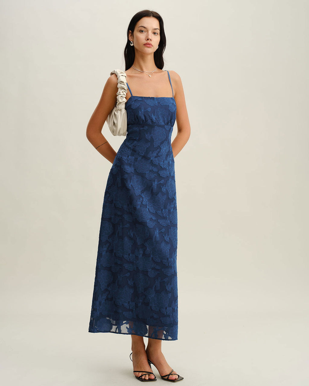 Annabelle | Damen Jacquard-Maxikleid rückenfrei – Dunkelblau