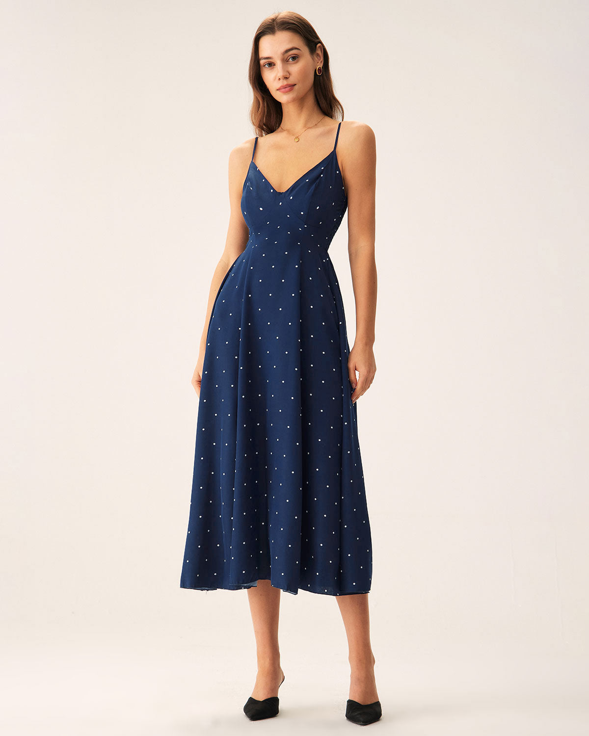 Lilou | Damen Polka-Dot-Midikleid gesmokt – Dunkelblau