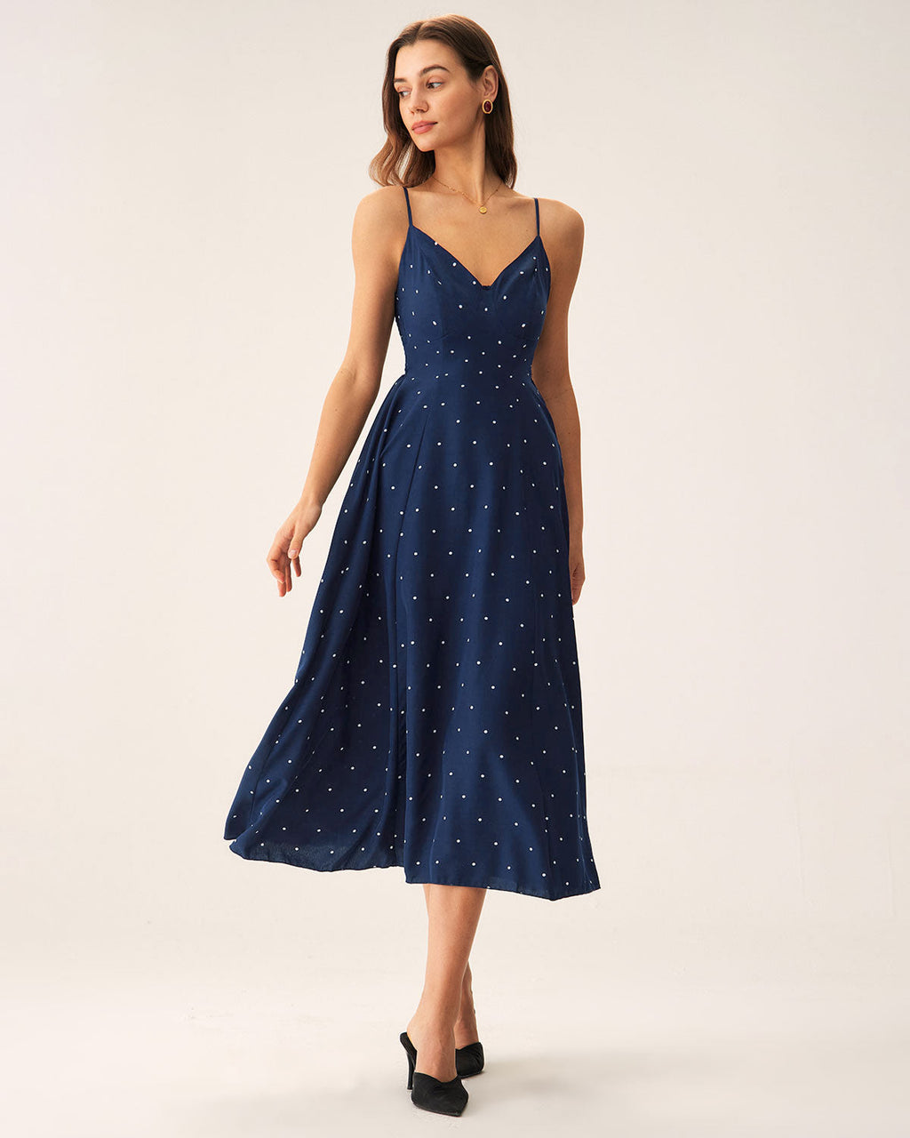 Lilou | Damen Polka-Dot-Midikleid gesmokt – Dunkelblau