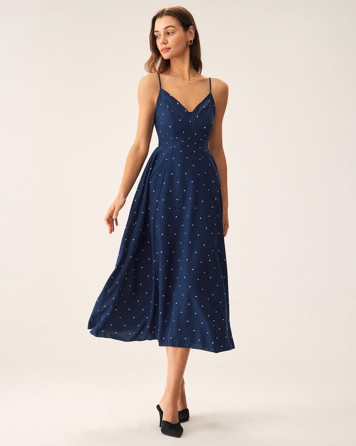 Lilou | Damen Polka-Dot-Midikleid gesmokt – Dunkelblau