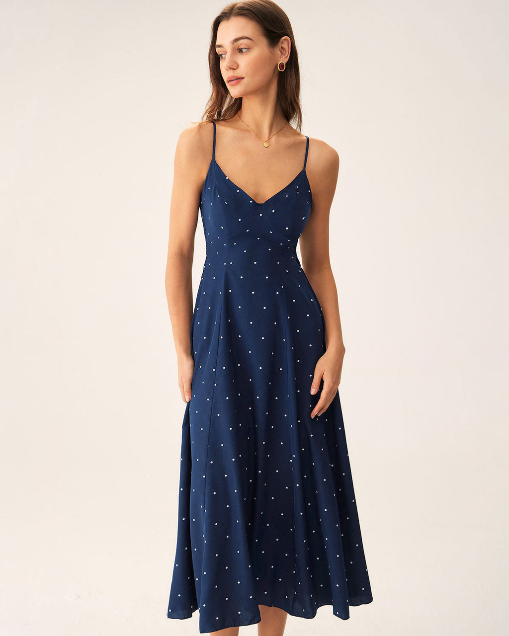 Lilou | Damen Polka-Dot-Midikleid gesmokt – Dunkelblau