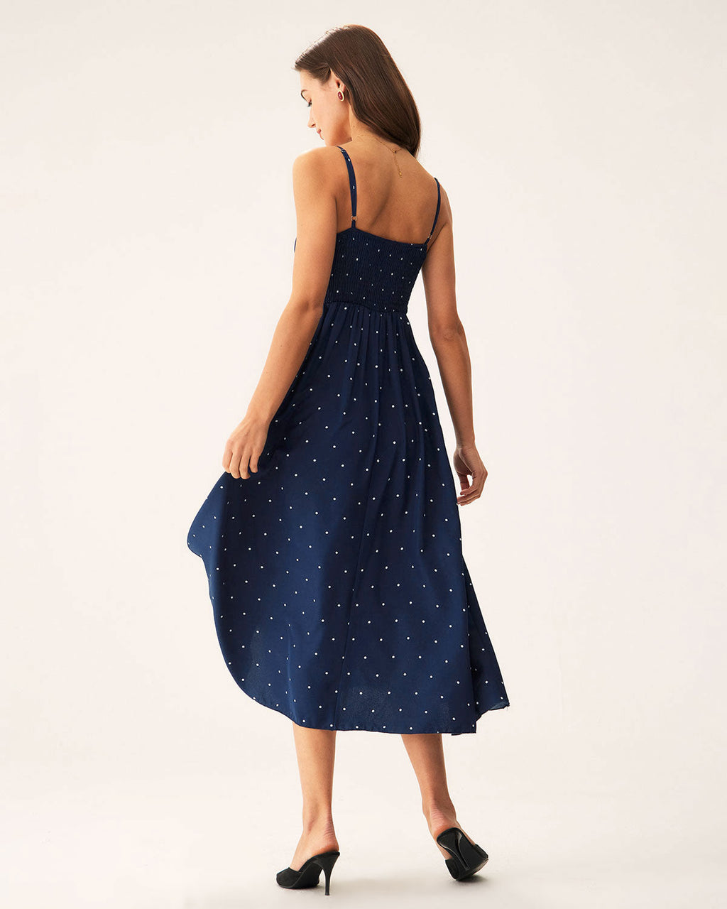 Lilou | Damen Polka-Dot-Midikleid gesmokt – Dunkelblau