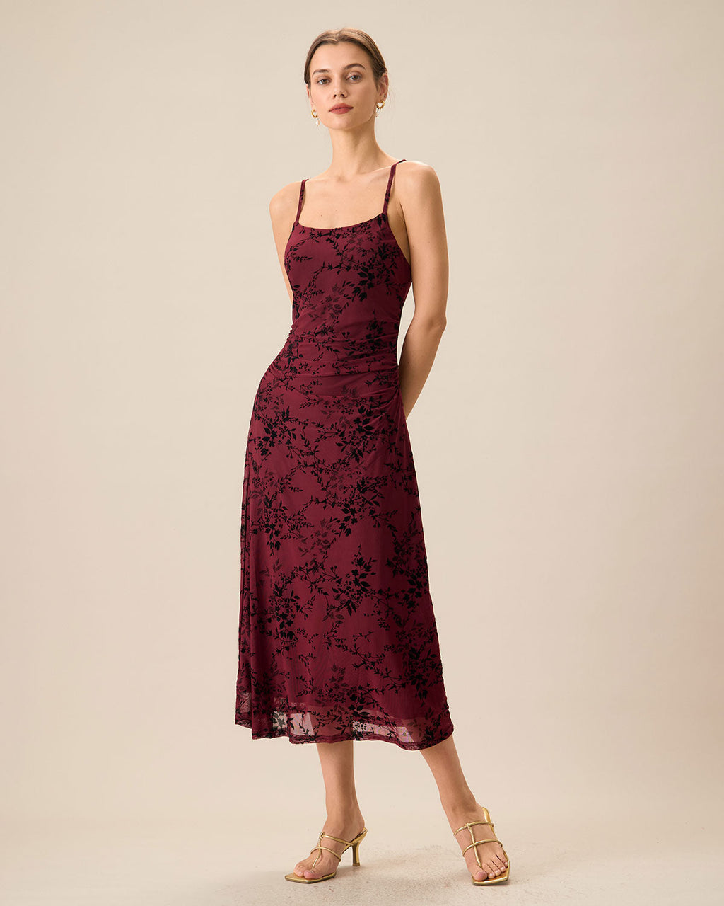 Hélène | Damen Floral-Midikleid figurbetont – Rot