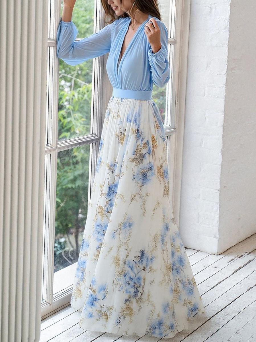 Leonora | Damen Maxi-Kleid V-Ausschnitt Blumenrock Langarm