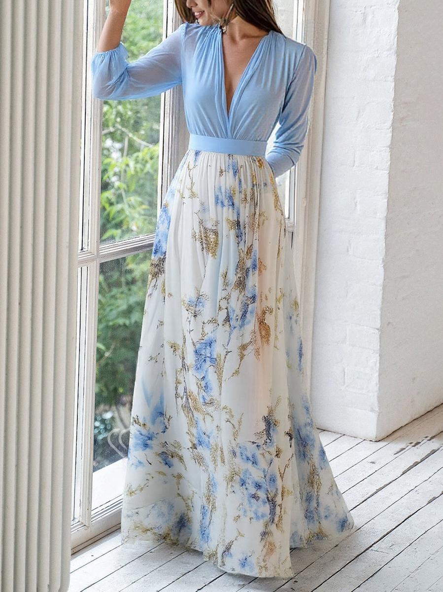 Leonora | Damen Maxi-Kleid V-Ausschnitt Blumenrock Langarm