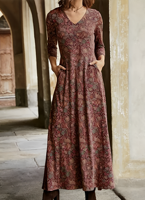 Celsa | Damen Maxikleid V-Ausschnitt Vintage Muster 3/4 Arm