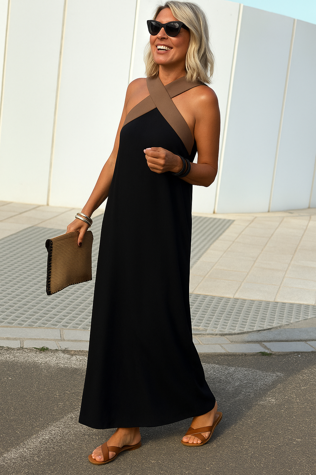 Vera | Damen Maxikleid Neckholder Überkreuzter Ausschnitt Fließend Sommerkleid