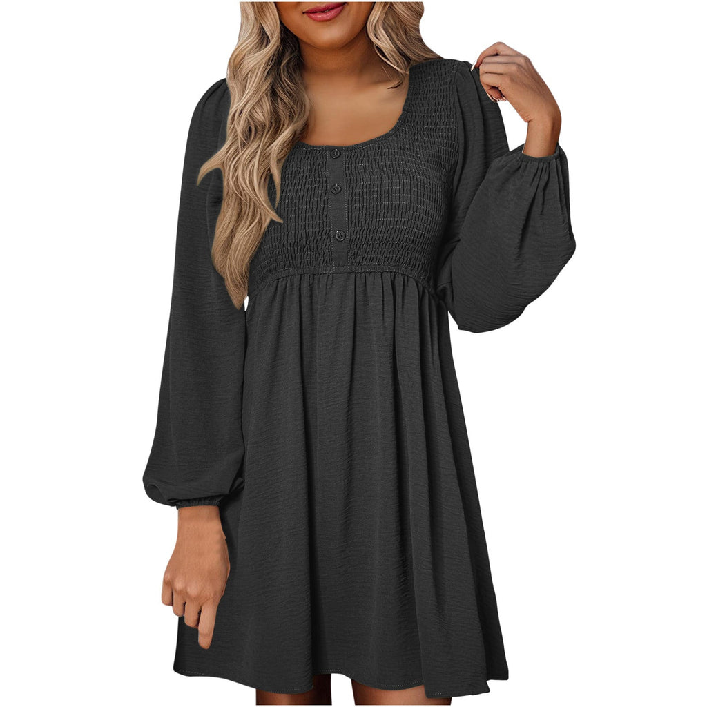 Rosa | Damen Minikleid Smok-Oberteil Eckiger Ausschnitt Langarm