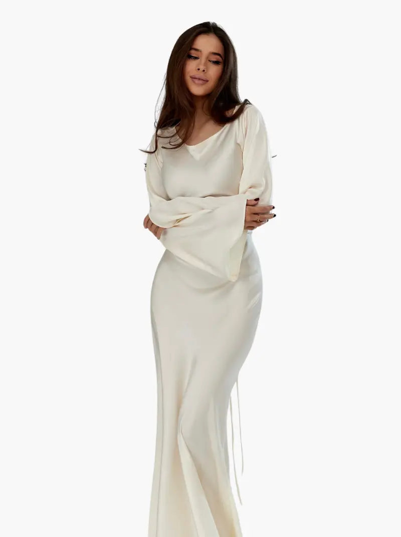 Aria | Damen Maxi Kleid Langarm Fließend Elegant Abendkleid