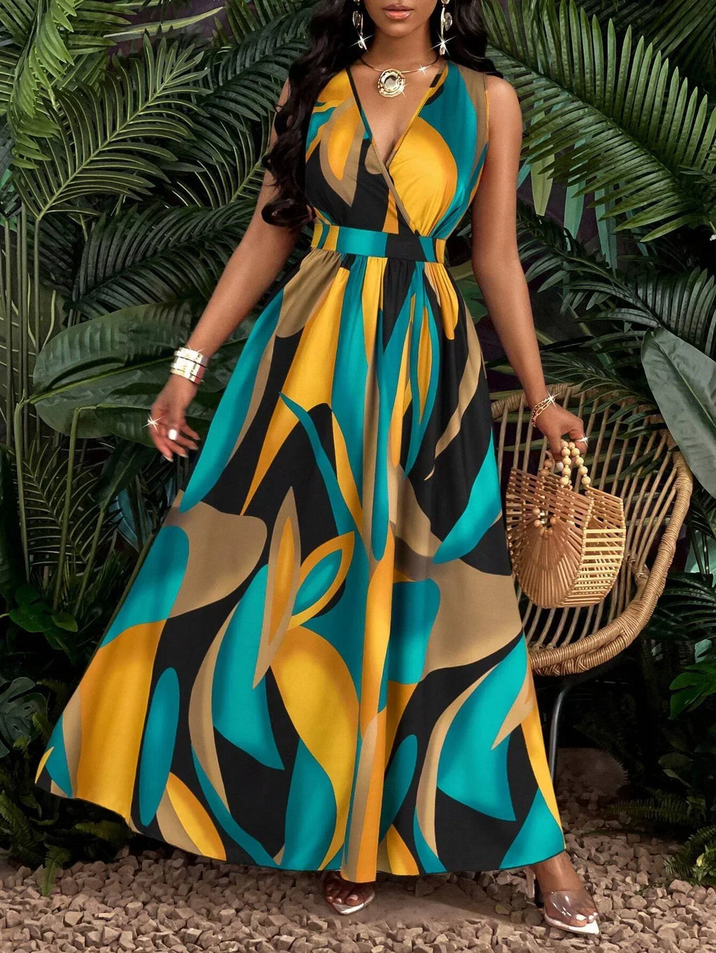 Nina | Damen Maxi-Kleid V-Ausschnitt Colorblock Print Elegant
