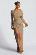 Oriana | Damen Midikleid mit Carmen-Ausschnitt und Raffung – Beige