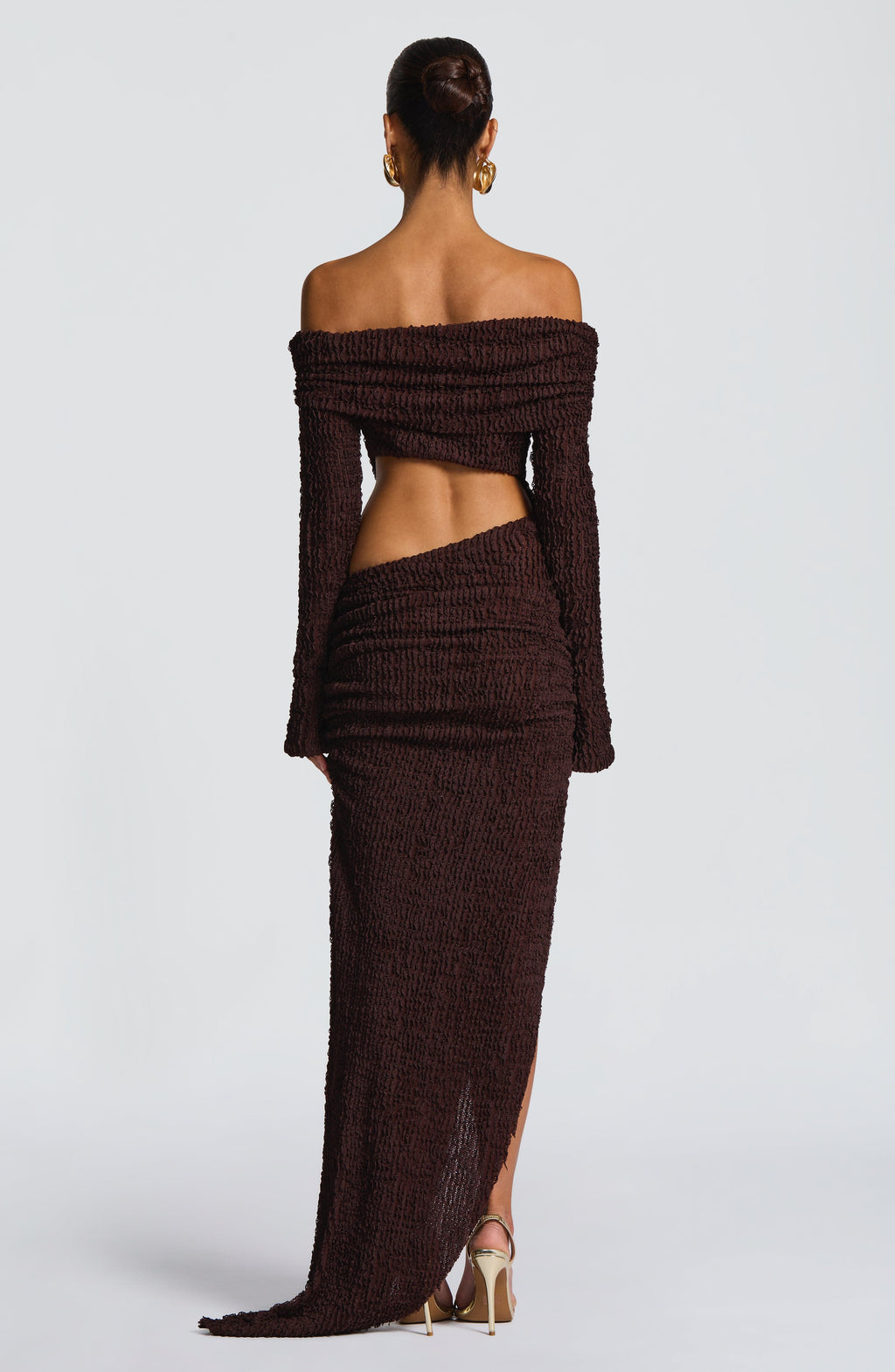 Mélisande | Damen Midikleid mit Carmen-Ausschnitt und Raffung – Pflaumenbraun