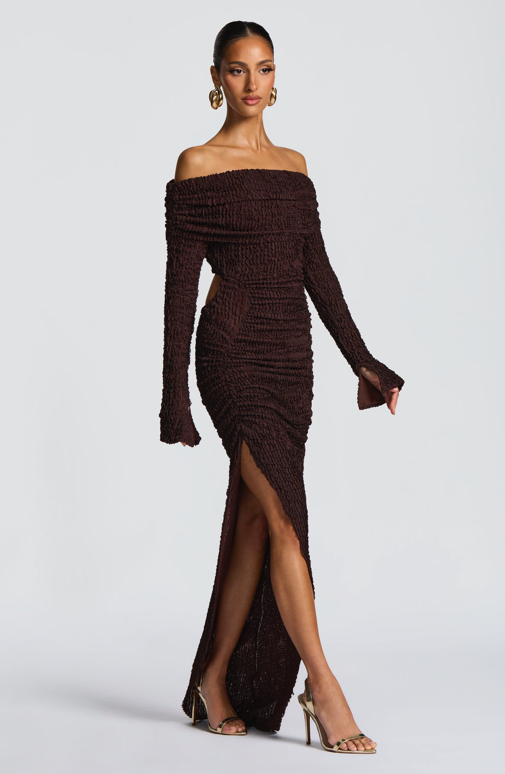 Mélisande | Damen Midikleid mit Carmen-Ausschnitt und Raffung – Pflaumenbraun