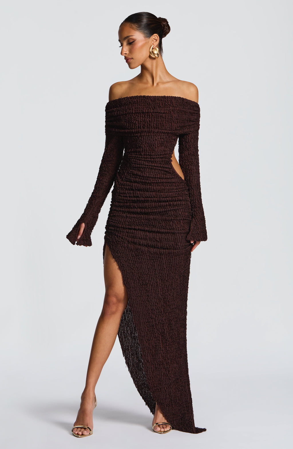 Mélisande | Damen Midikleid mit Carmen-Ausschnitt und Raffung – Pflaumenbraun