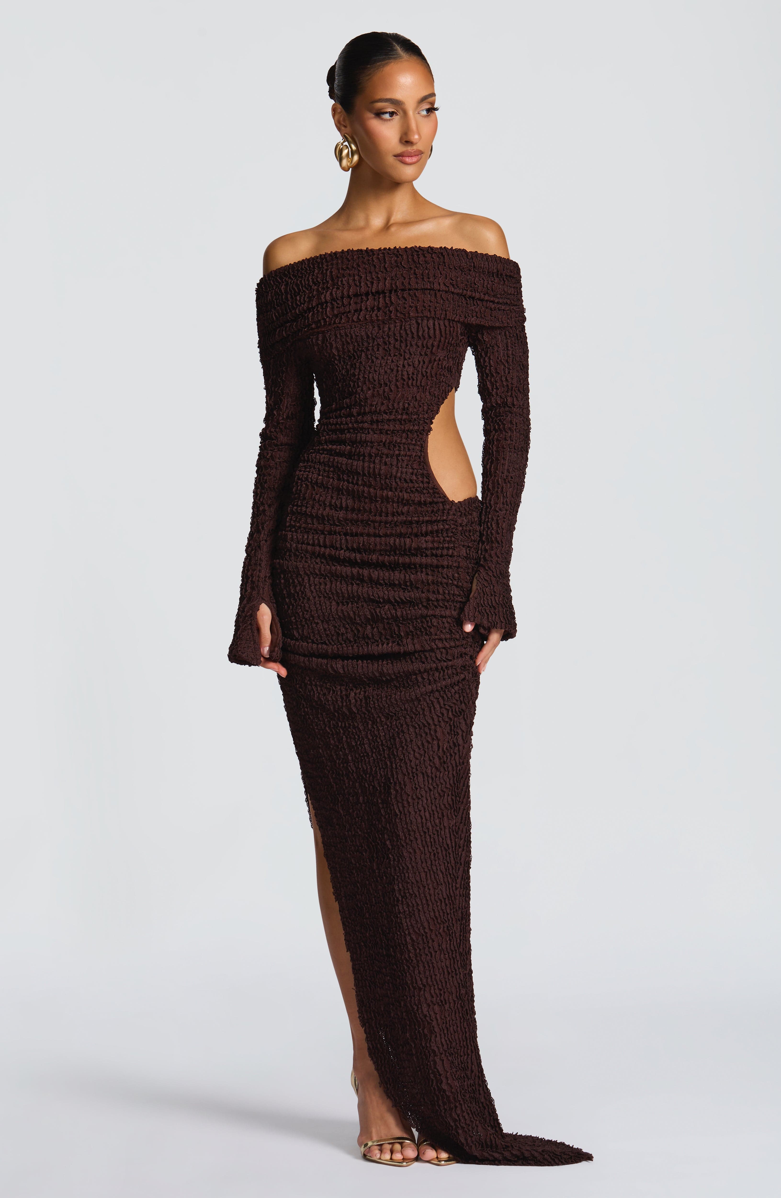Mélisande | Damen Midikleid mit Carmen-Ausschnitt und Raffung – Pflaumenbraun