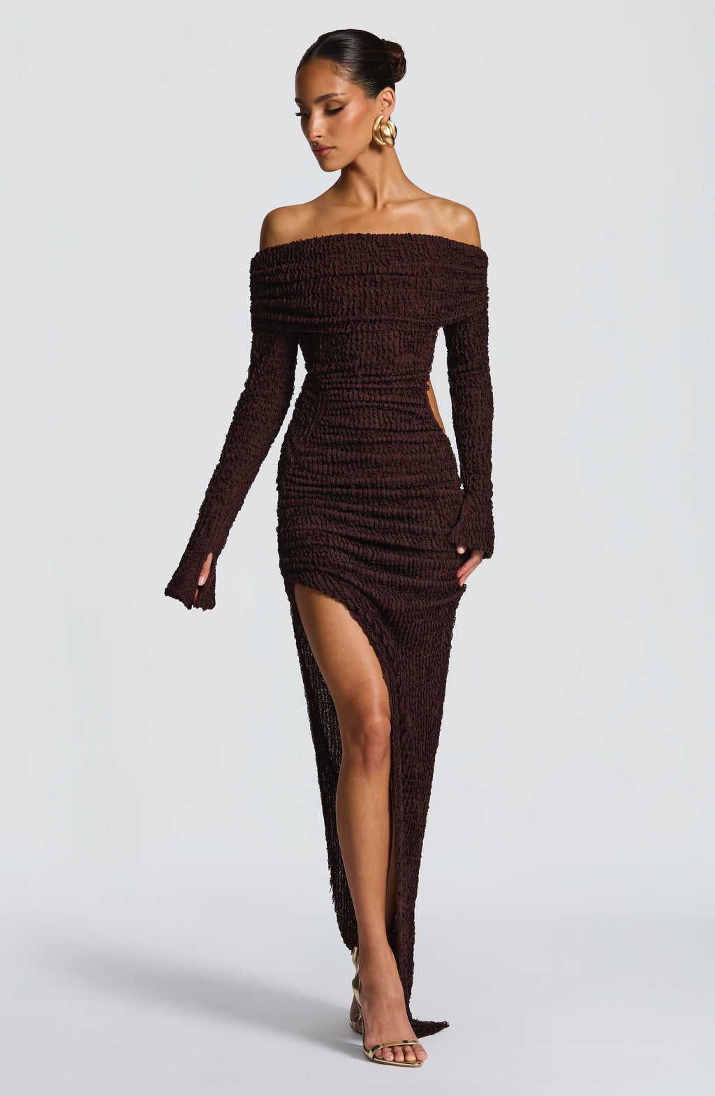 Mélisande | Damen Midikleid mit Carmen-Ausschnitt und Raffung – Pflaumenbraun