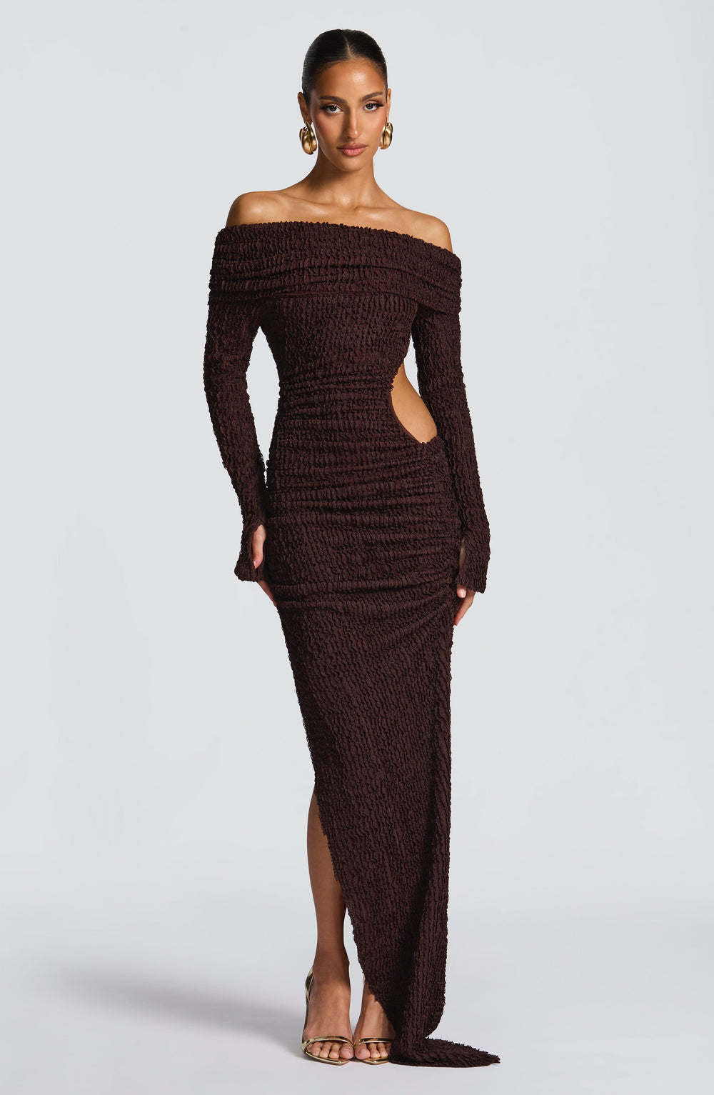 Mélisande | Damen Midikleid mit Carmen-Ausschnitt und Raffung – Pflaumenbraun