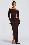 Mélisande | Damen Midikleid mit Carmen-Ausschnitt und Raffung – Pflaumenbraun