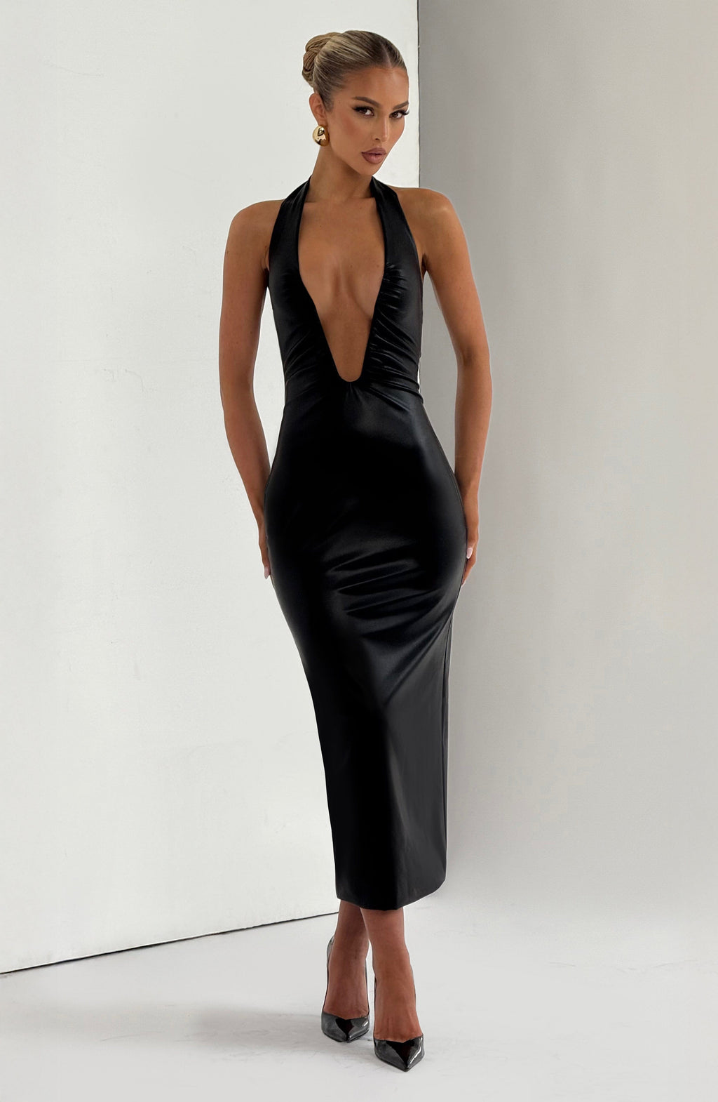 Paloma | Damen Kunstleder-Midikleid – Schwarz