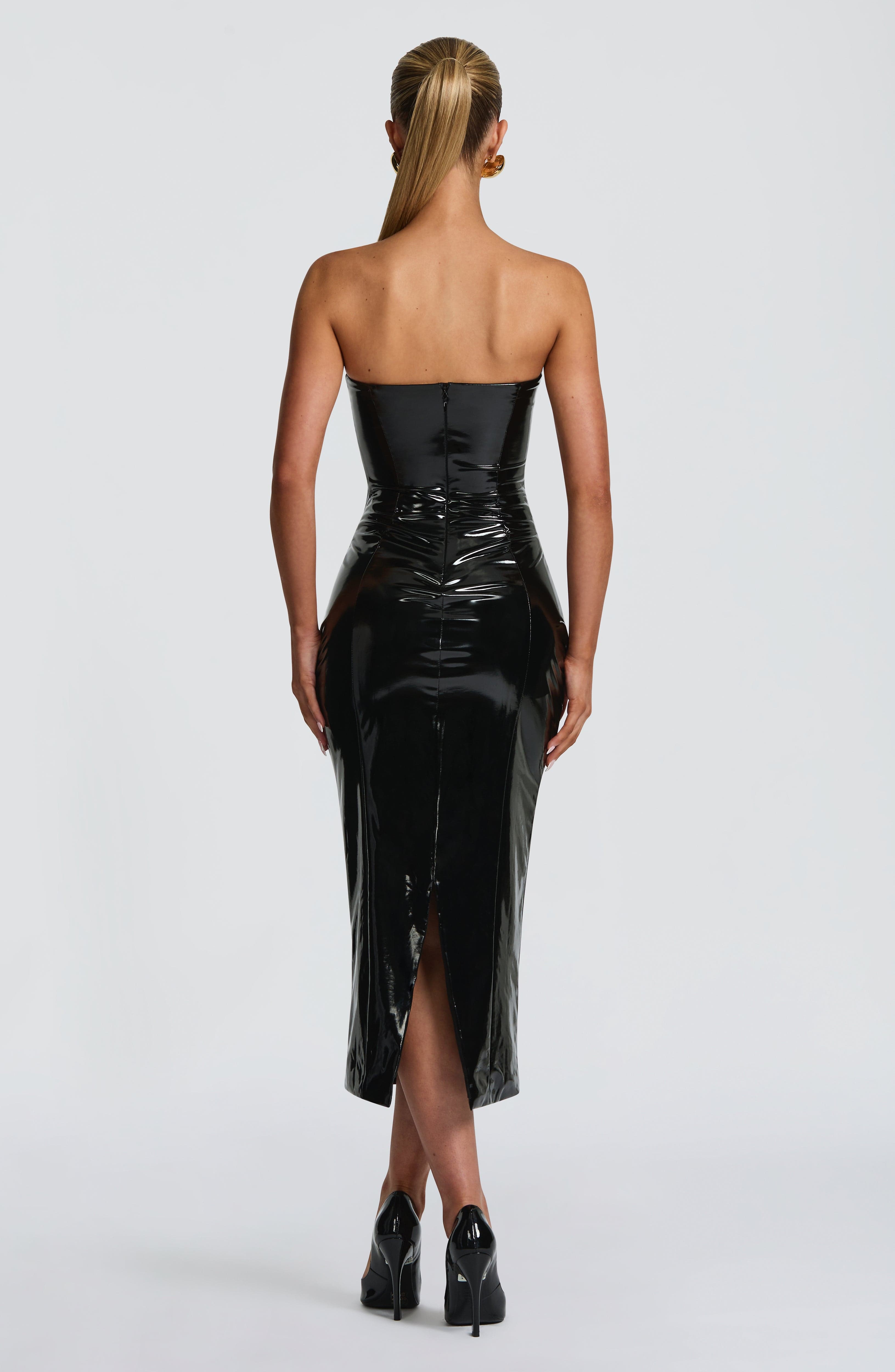 Lavinia | Damen Kunstleder-Midikleid – Schwarz