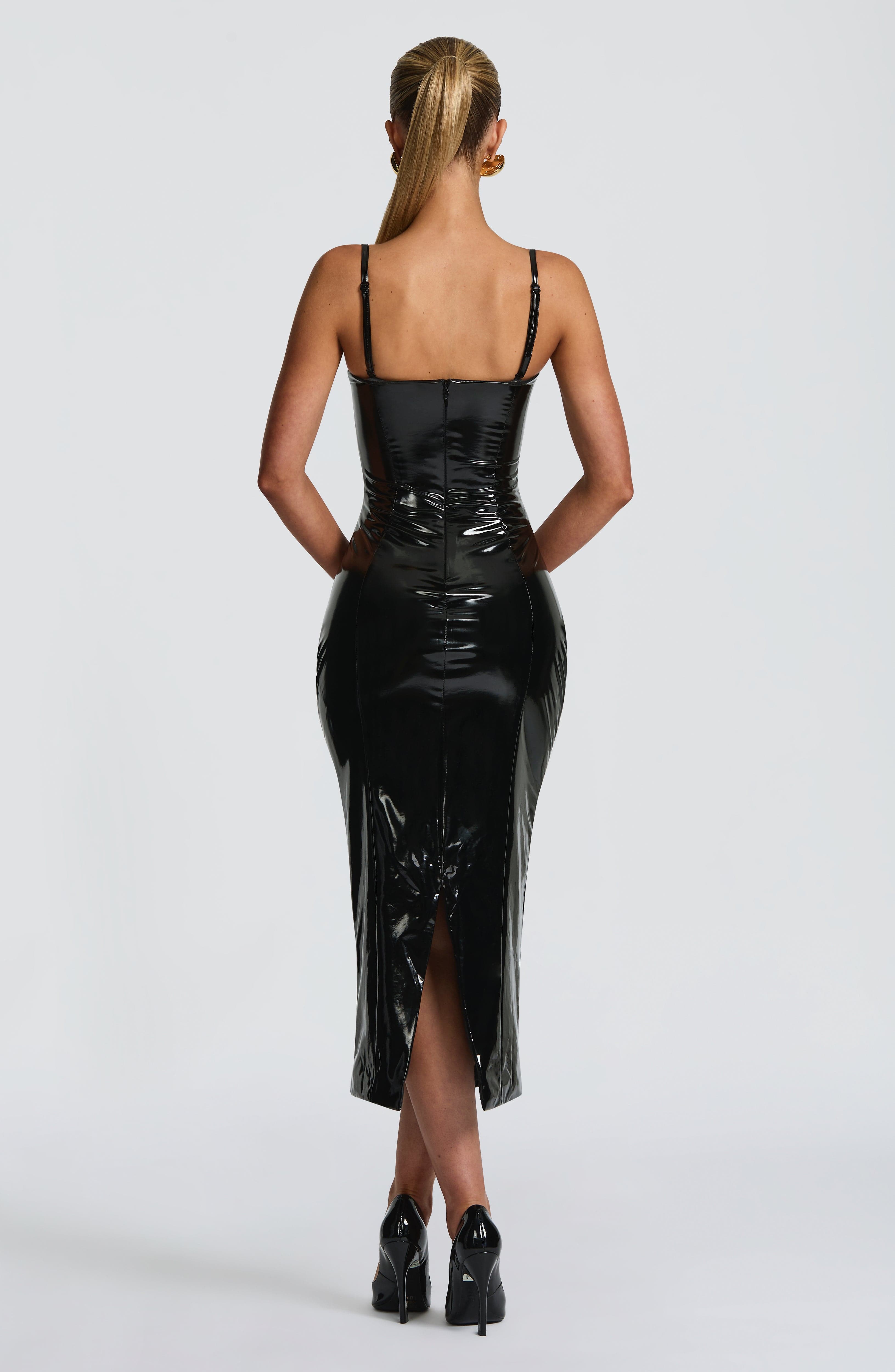Lavinia | Damen Kunstleder-Midikleid – Schwarz