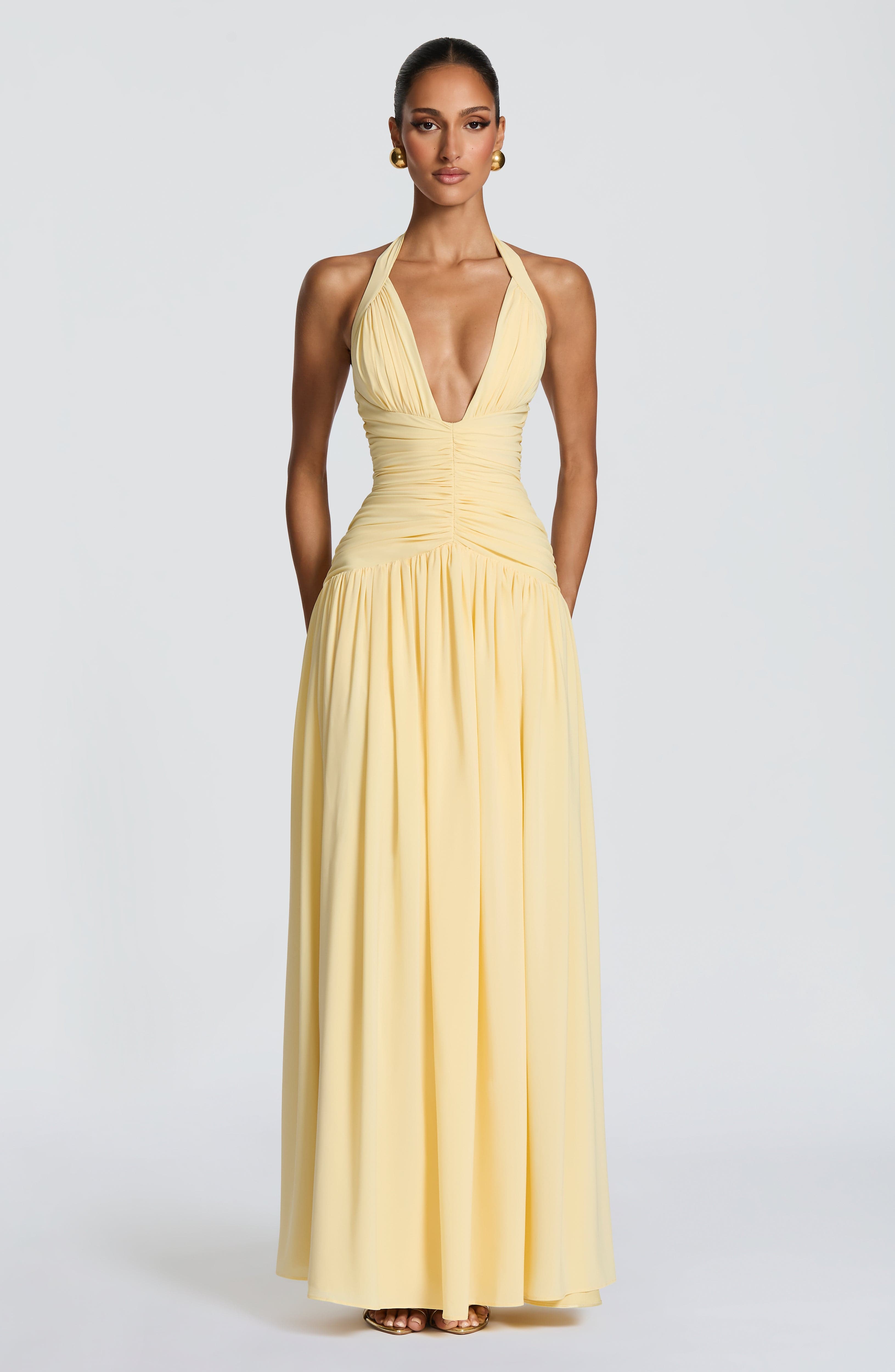 Ilaria | Damen Satin-Maxikleid mit Beinschlitz – Zitronengelb