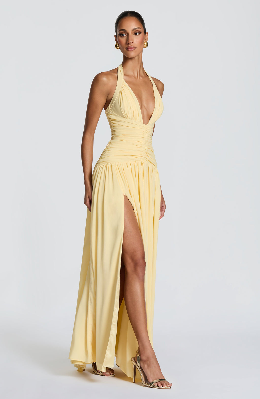 Ilaria | Damen Satin-Maxikleid mit Beinschlitz – Zitronengelb