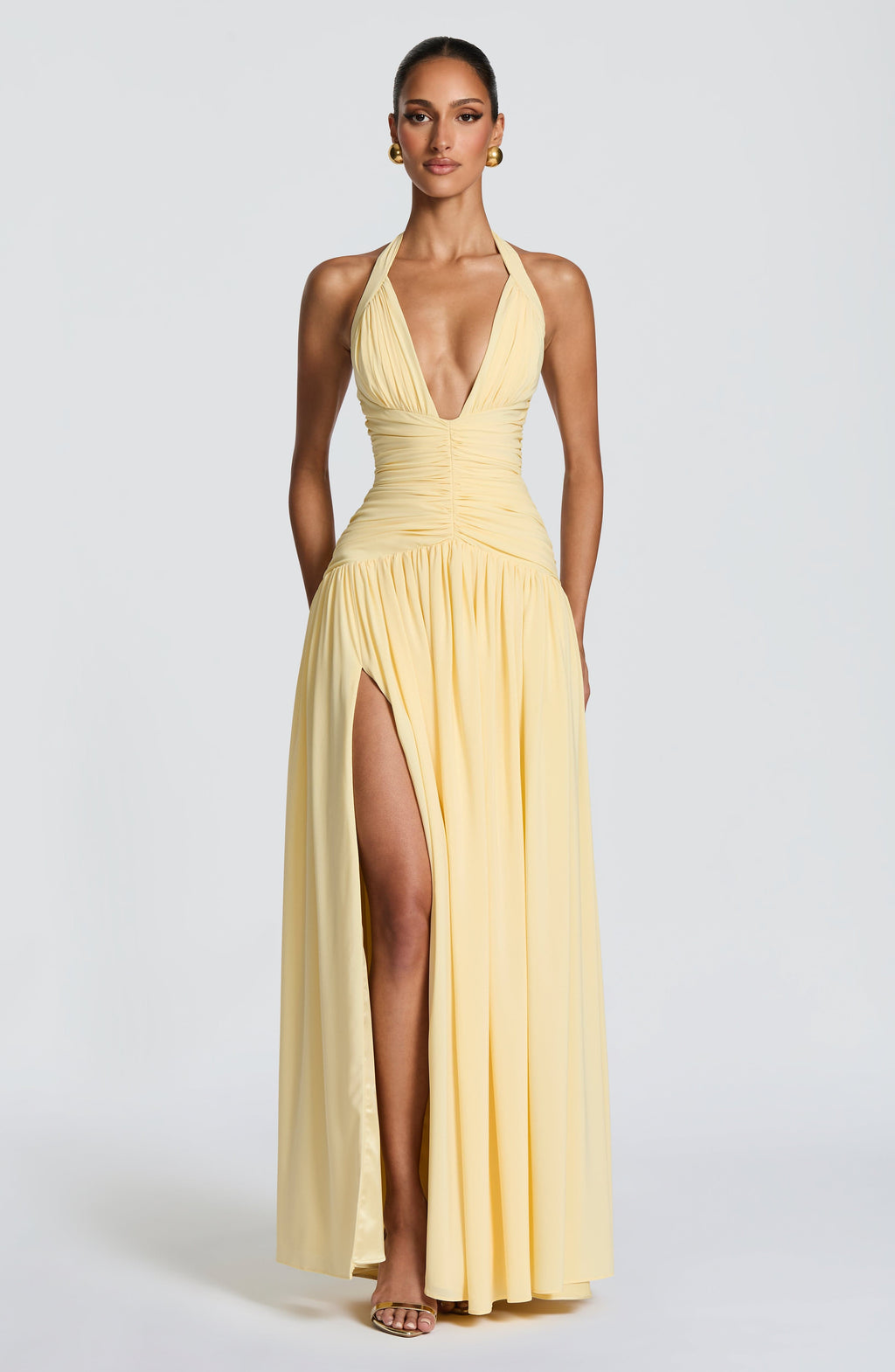 Ilaria | Damen Satin-Maxikleid mit Beinschlitz – Zitronengelb
