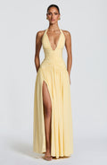 Ilaria | Damen Satin-Maxikleid mit Beinschlitz – Zitronengelb