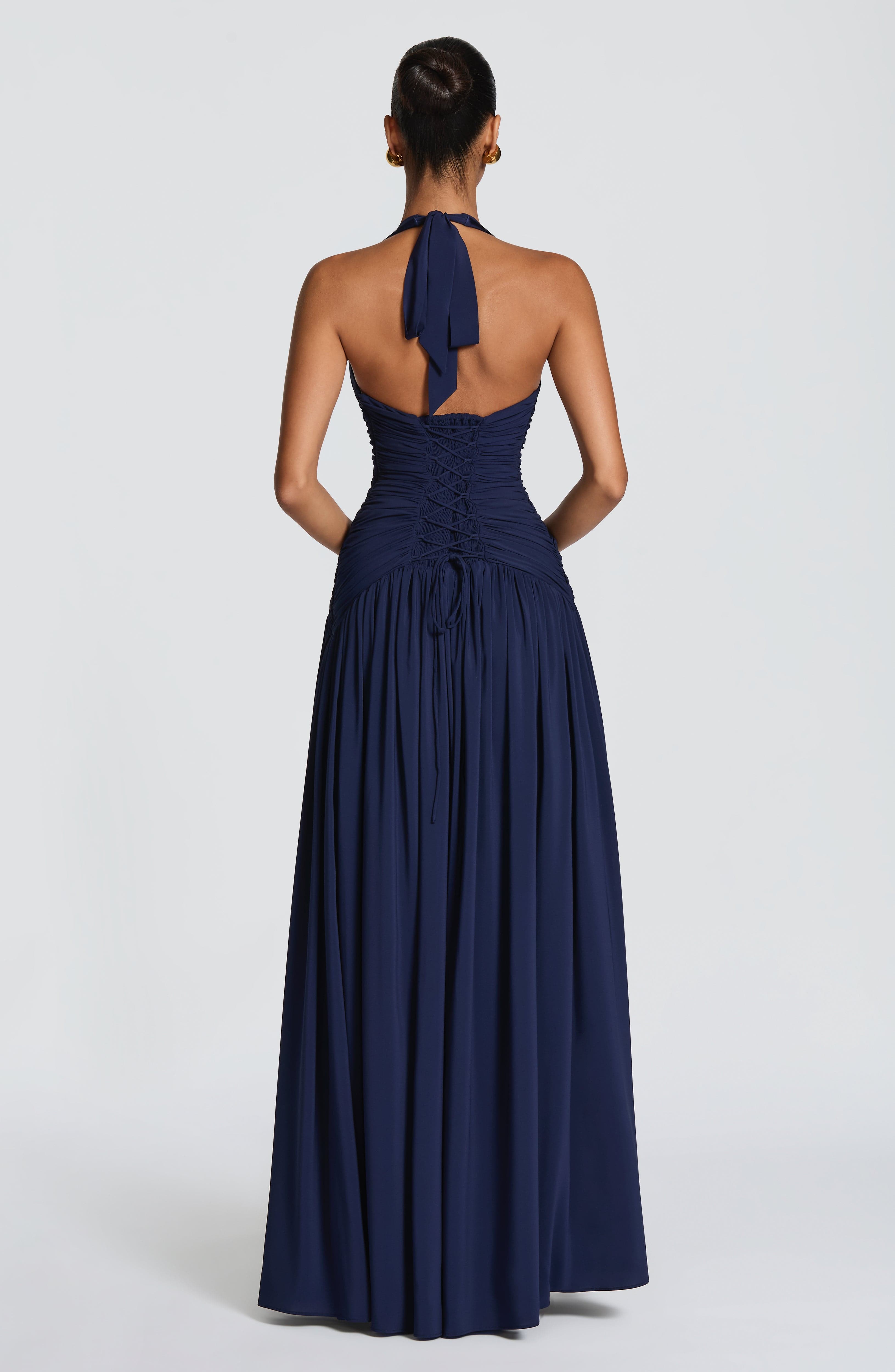 Enora | Damen Satin-Maxikleid mit Beinschlitz – Dunkelblau