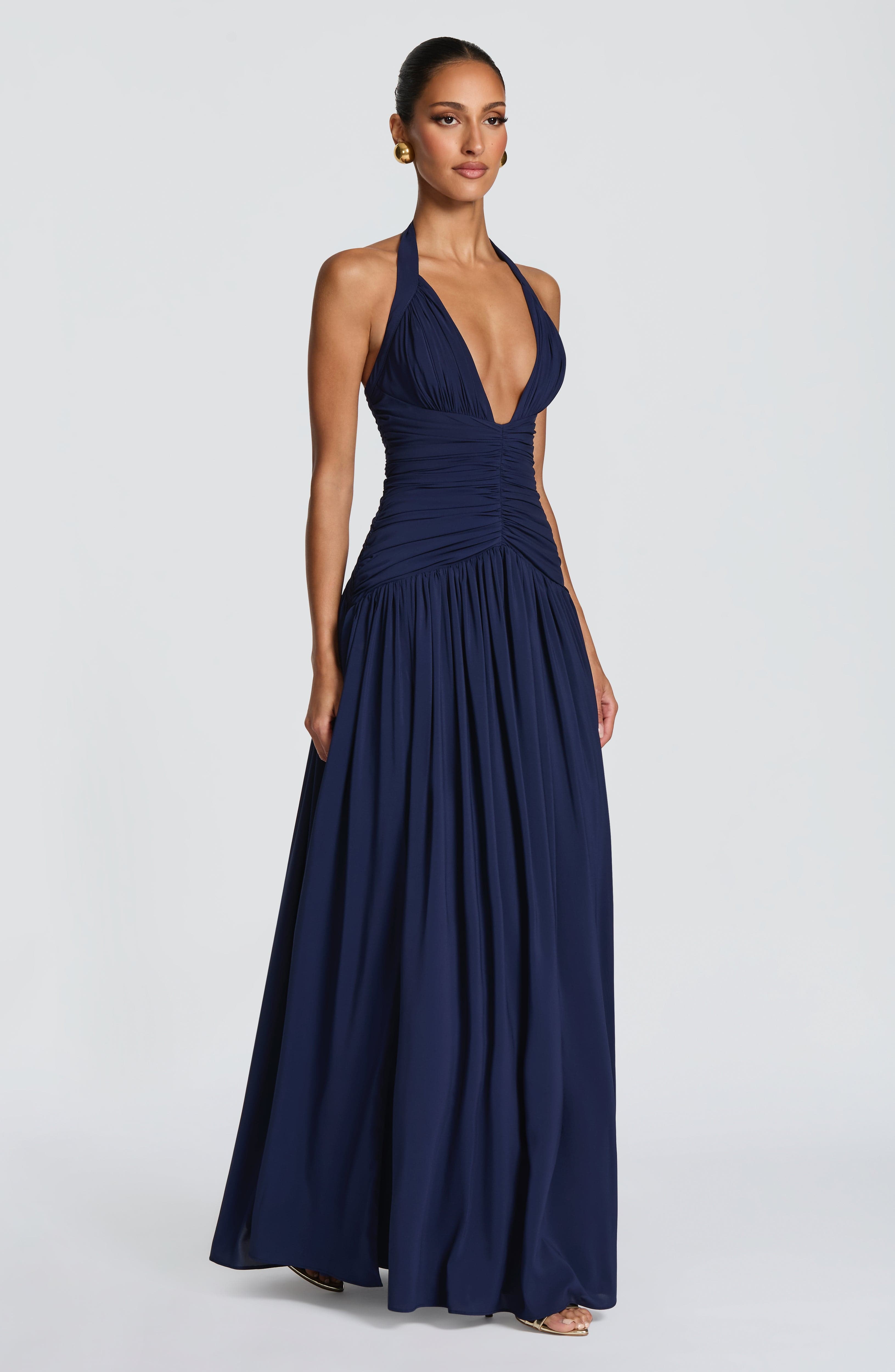 Enora | Damen Satin-Maxikleid mit Beinschlitz – Dunkelblau