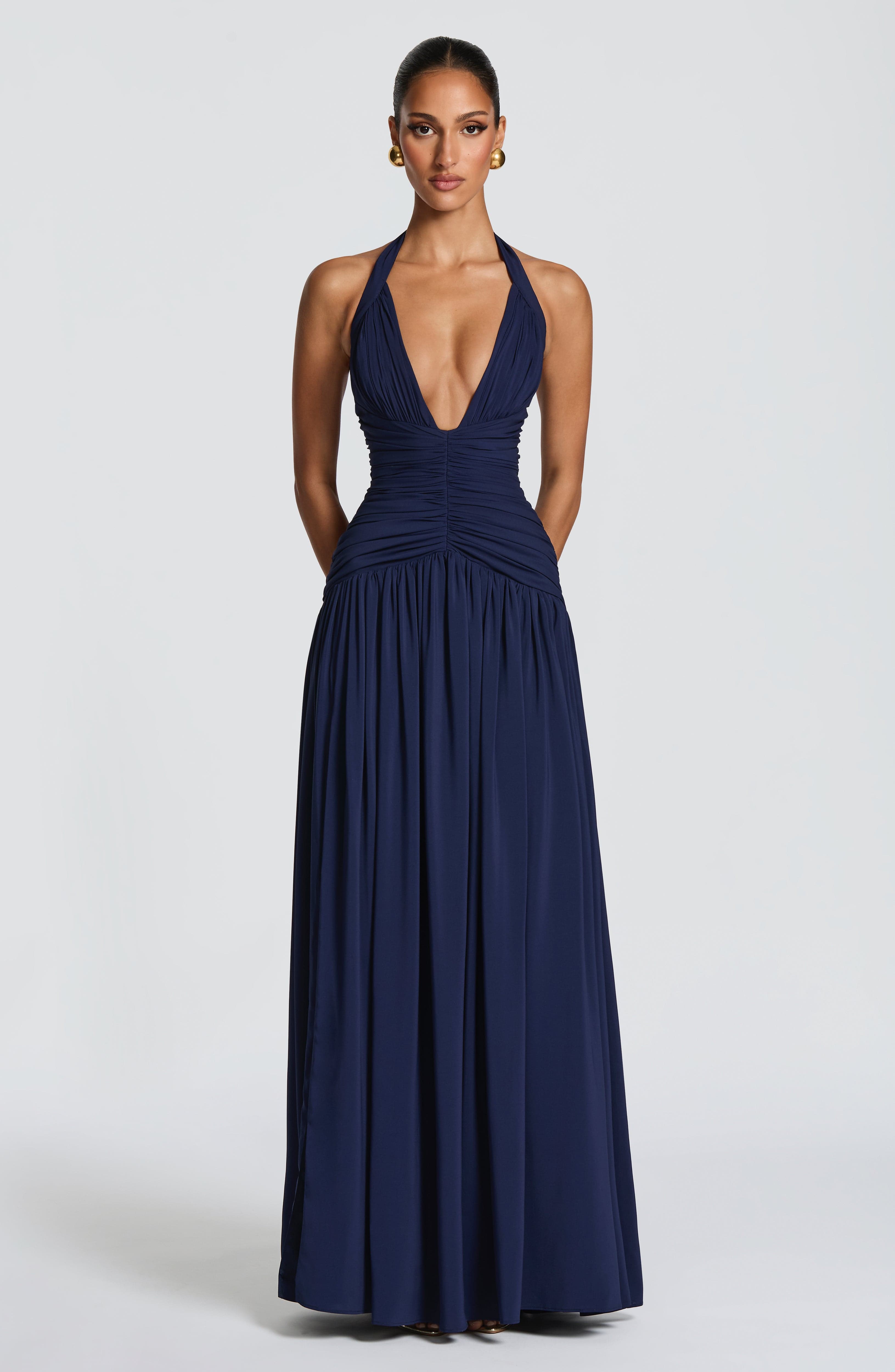 Enora | Damen Satin-Maxikleid mit Beinschlitz – Dunkelblau