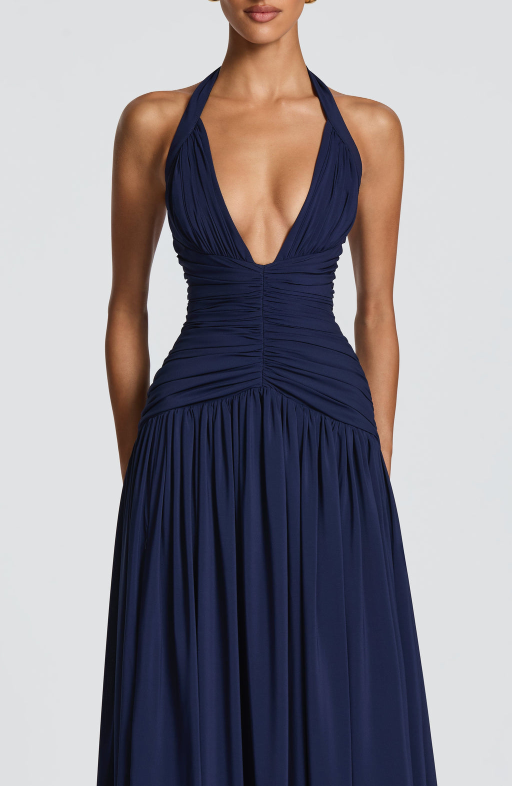 Enora | Damen Satin-Maxikleid mit Beinschlitz – Dunkelblau