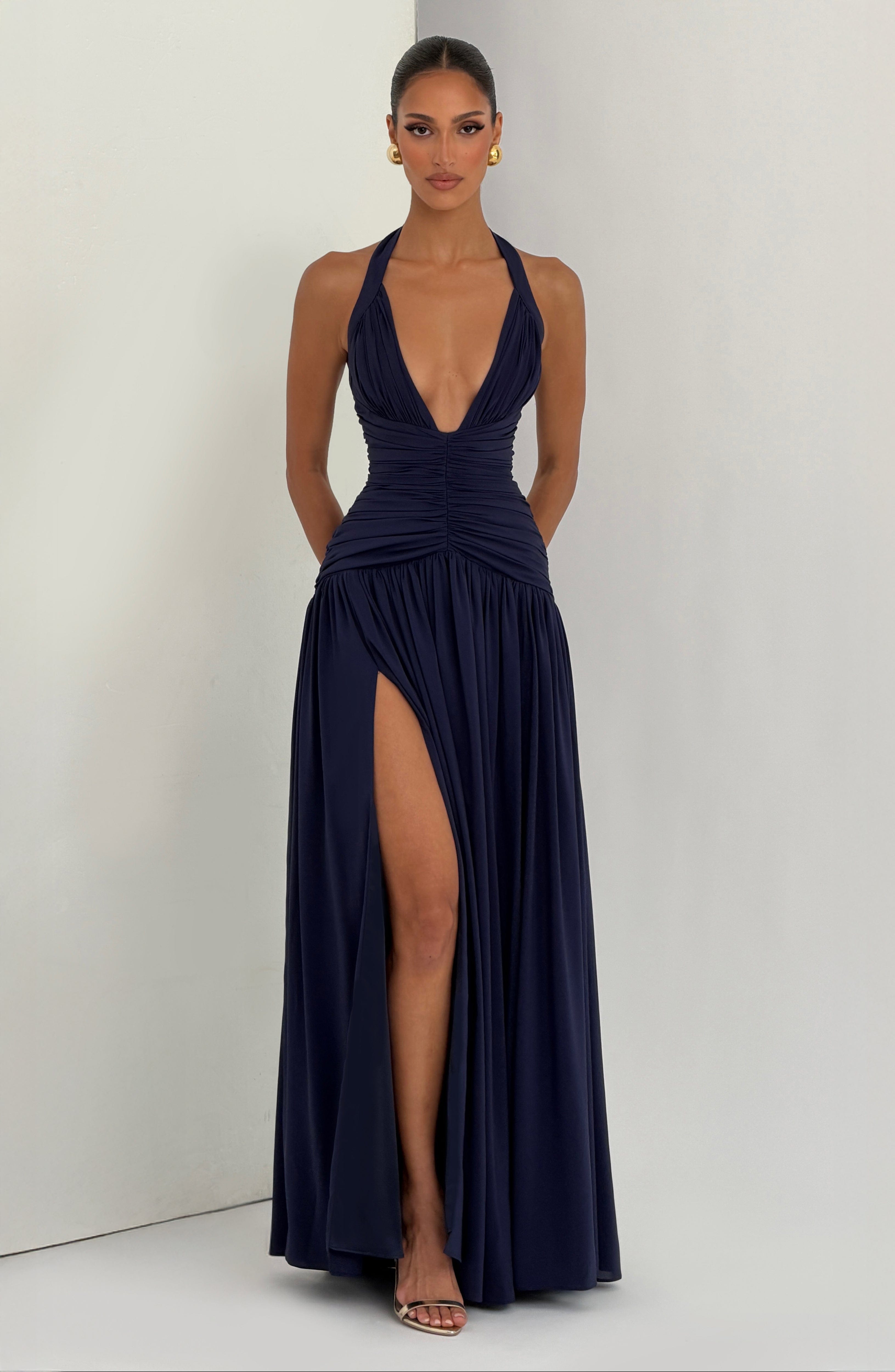 Enora | Damen Satin-Maxikleid mit Beinschlitz – Dunkelblau