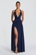 Enora | Damen Satin-Maxikleid mit Beinschlitz – Dunkelblau