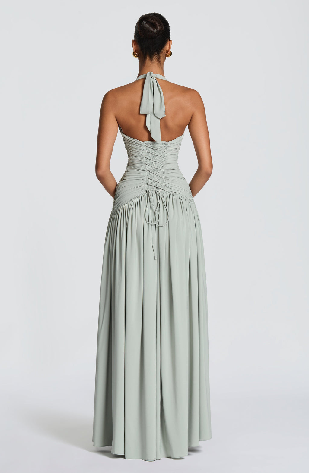 Honora | Damen Satin-Maxikleid mit Beinschlitz – Salbeigrün