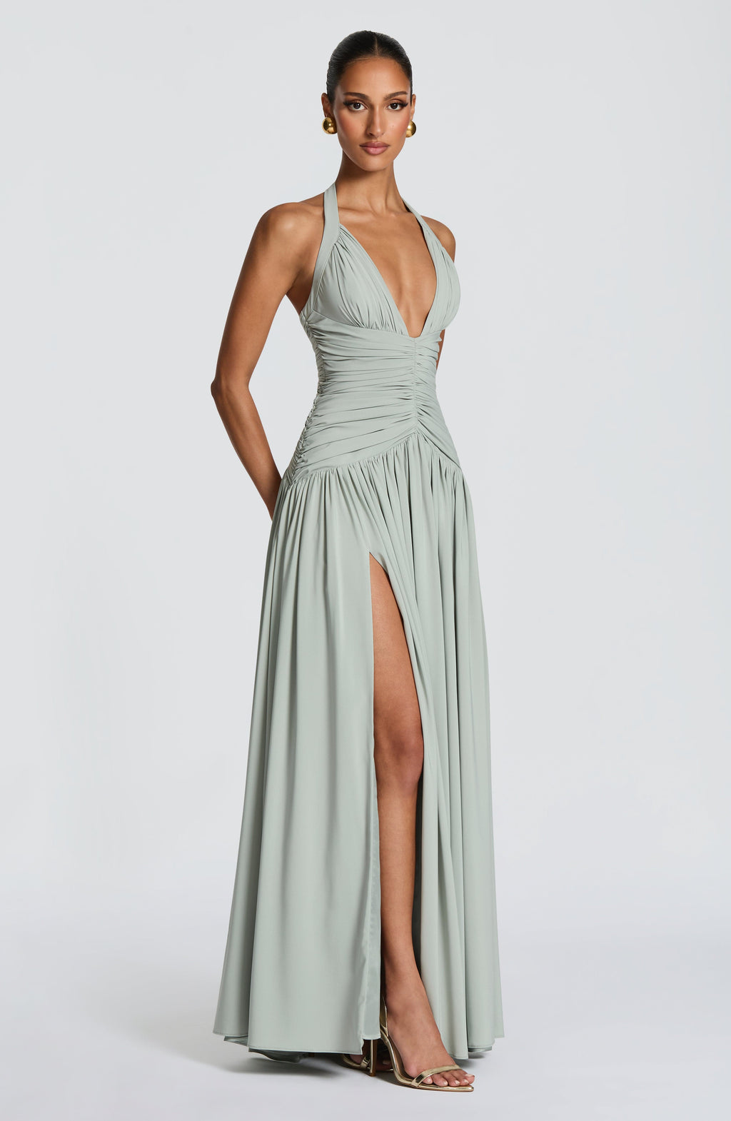 Honora | Damen Satin-Maxikleid mit Beinschlitz – Salbeigrün