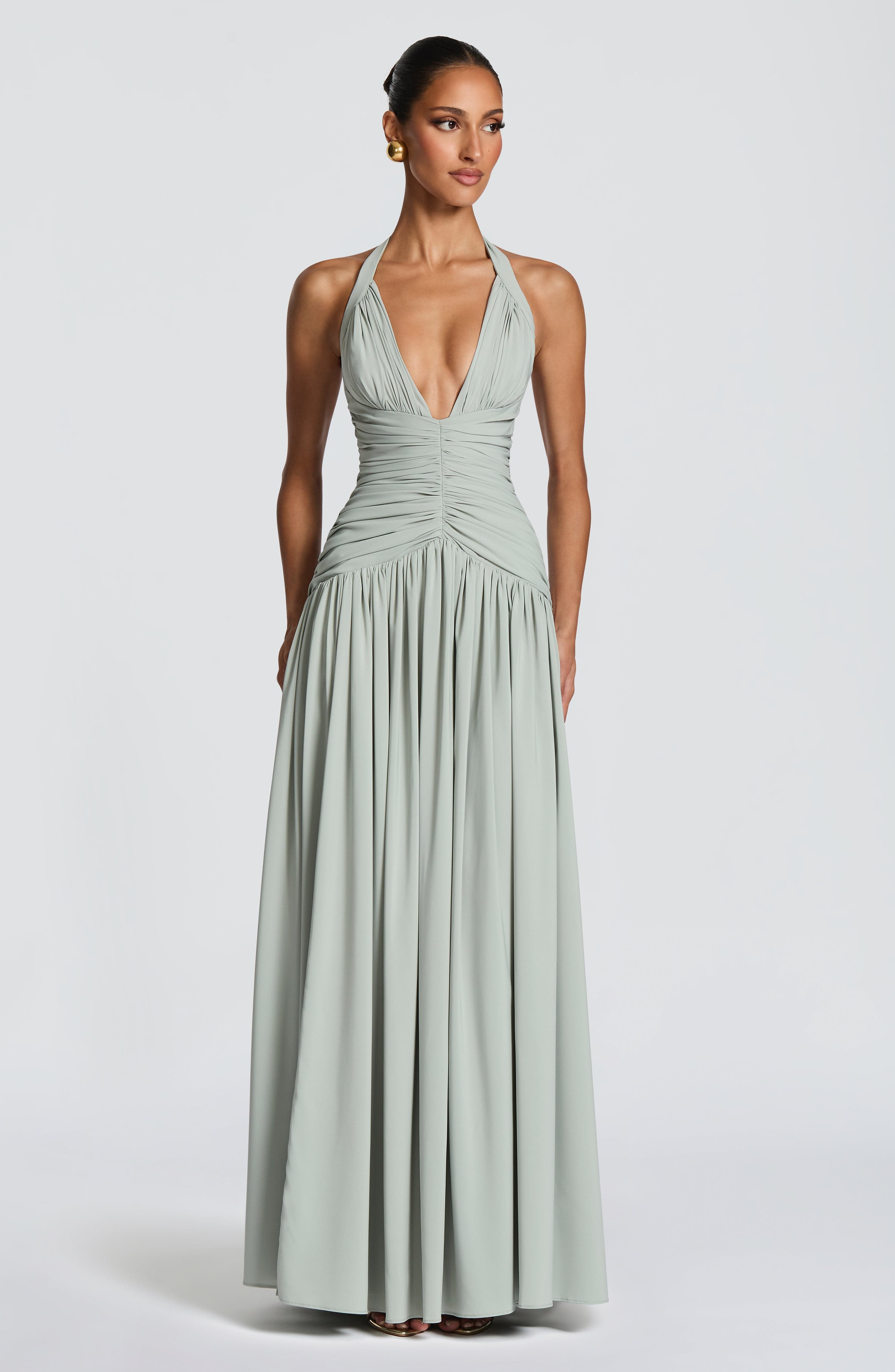 Honora | Damen Satin-Maxikleid mit Beinschlitz – Salbeigrün